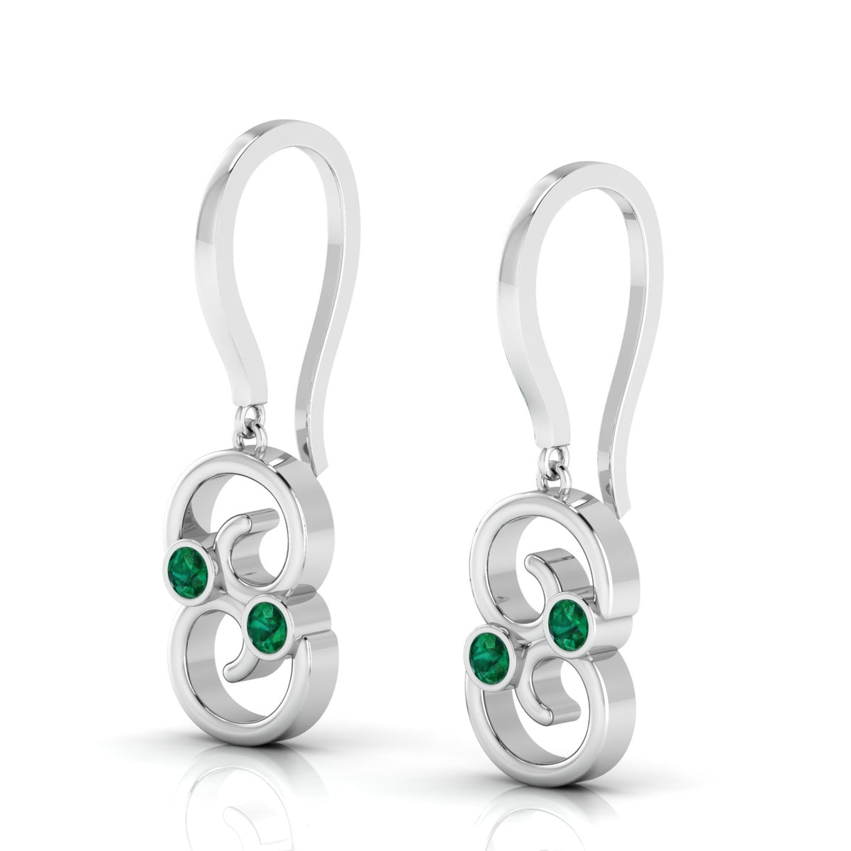 Round Emerald Wire Hook Drop Sterling Silver Earrings