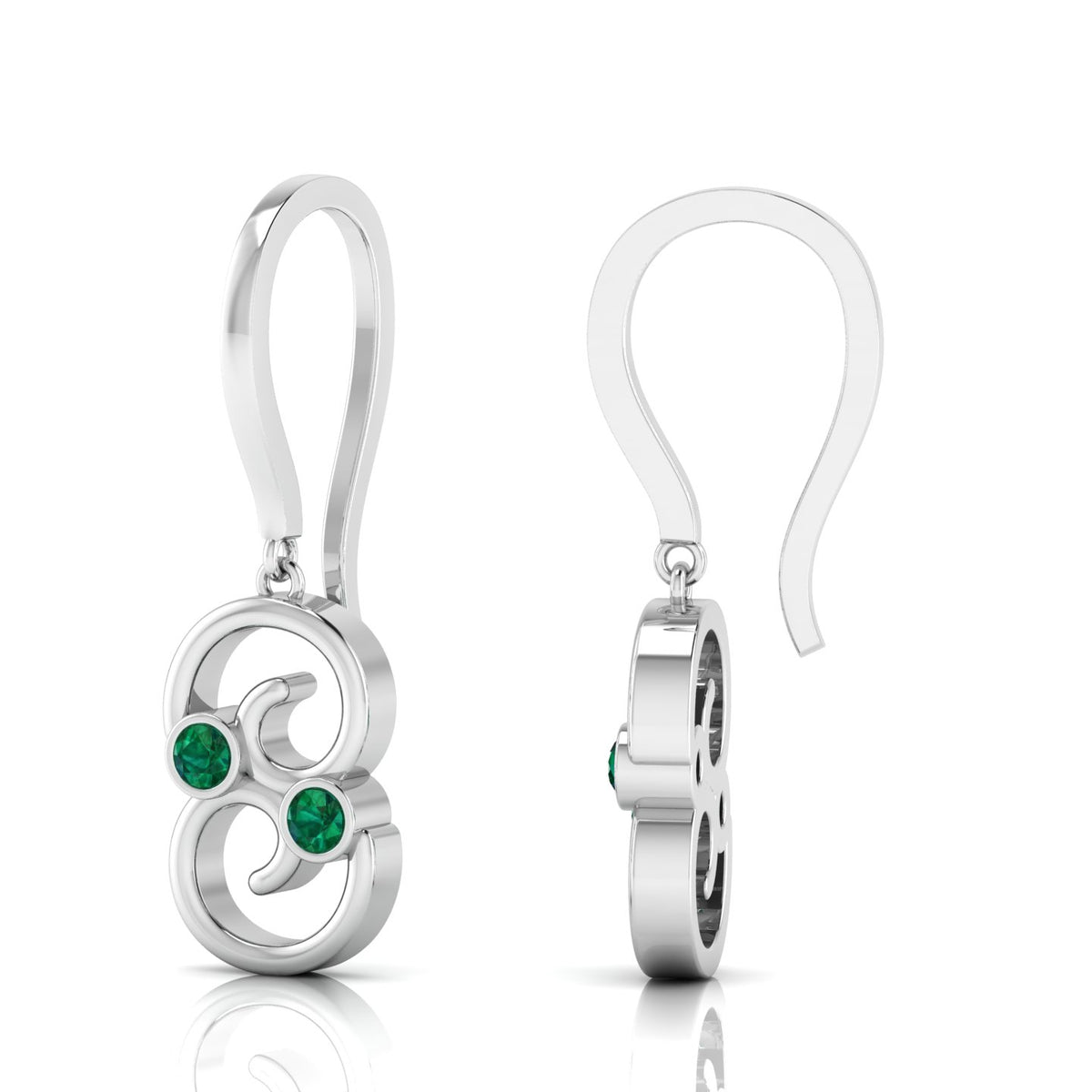 Round Emerald Wire Hook Drop Sterling Silver Earrings