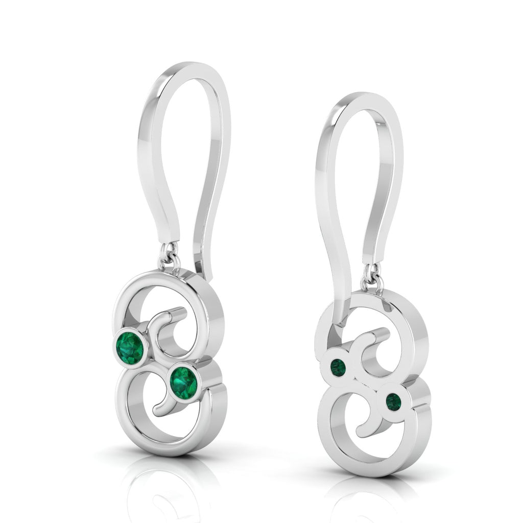 Round Emerald Wire Hook Drop Sterling Silver Earrings