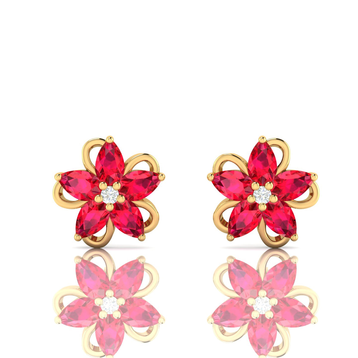 Pear-Cut Floral Gold Plated Ruby Studs Earrings