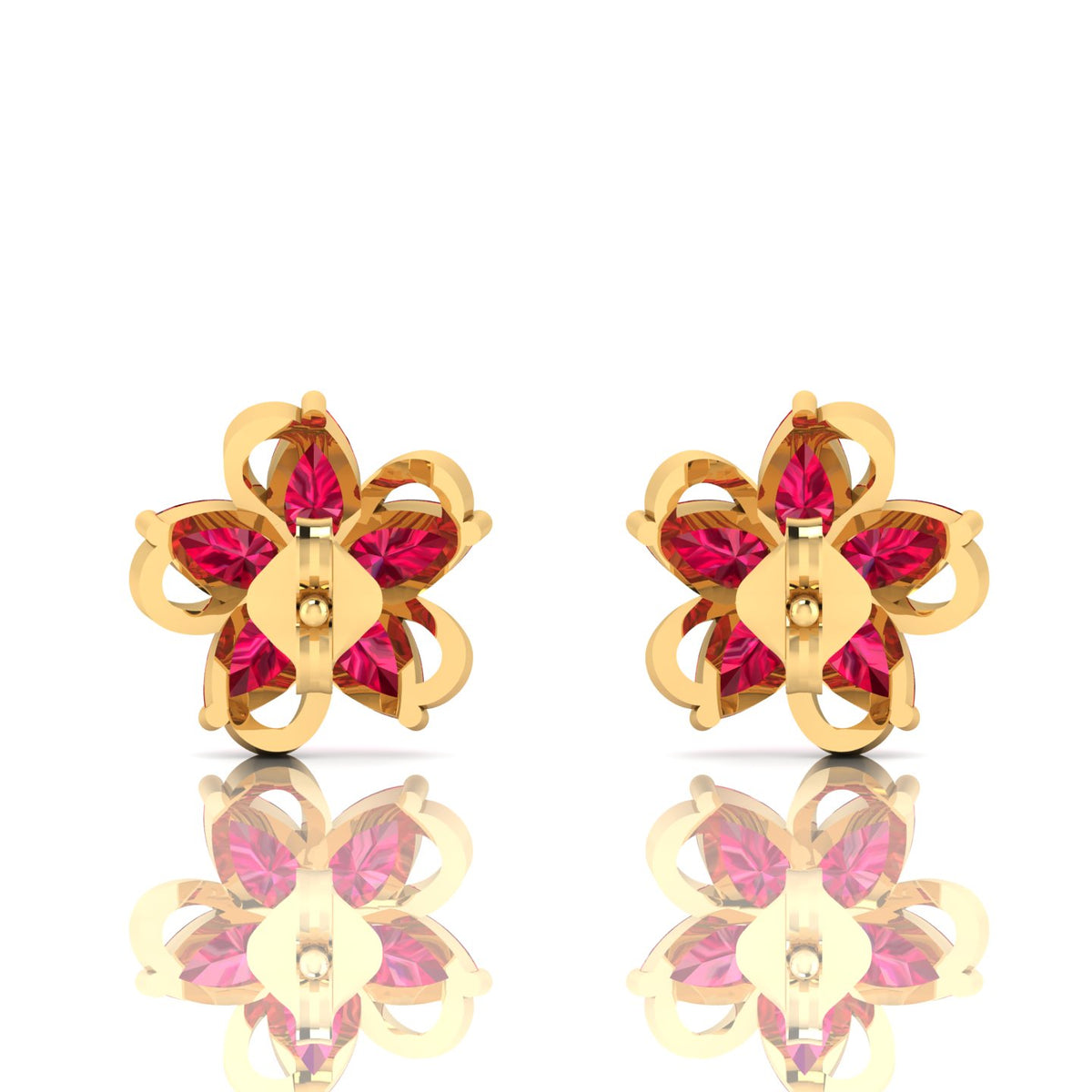 Pear-Cut Floral Gold Plated Ruby Studs Earrings