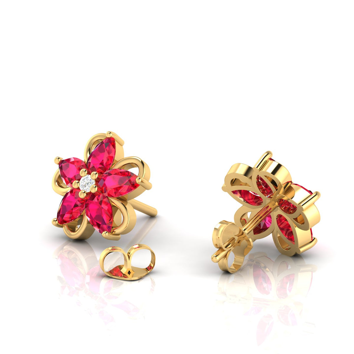 Pear-Cut Floral Gold Plated Ruby Studs Earrings