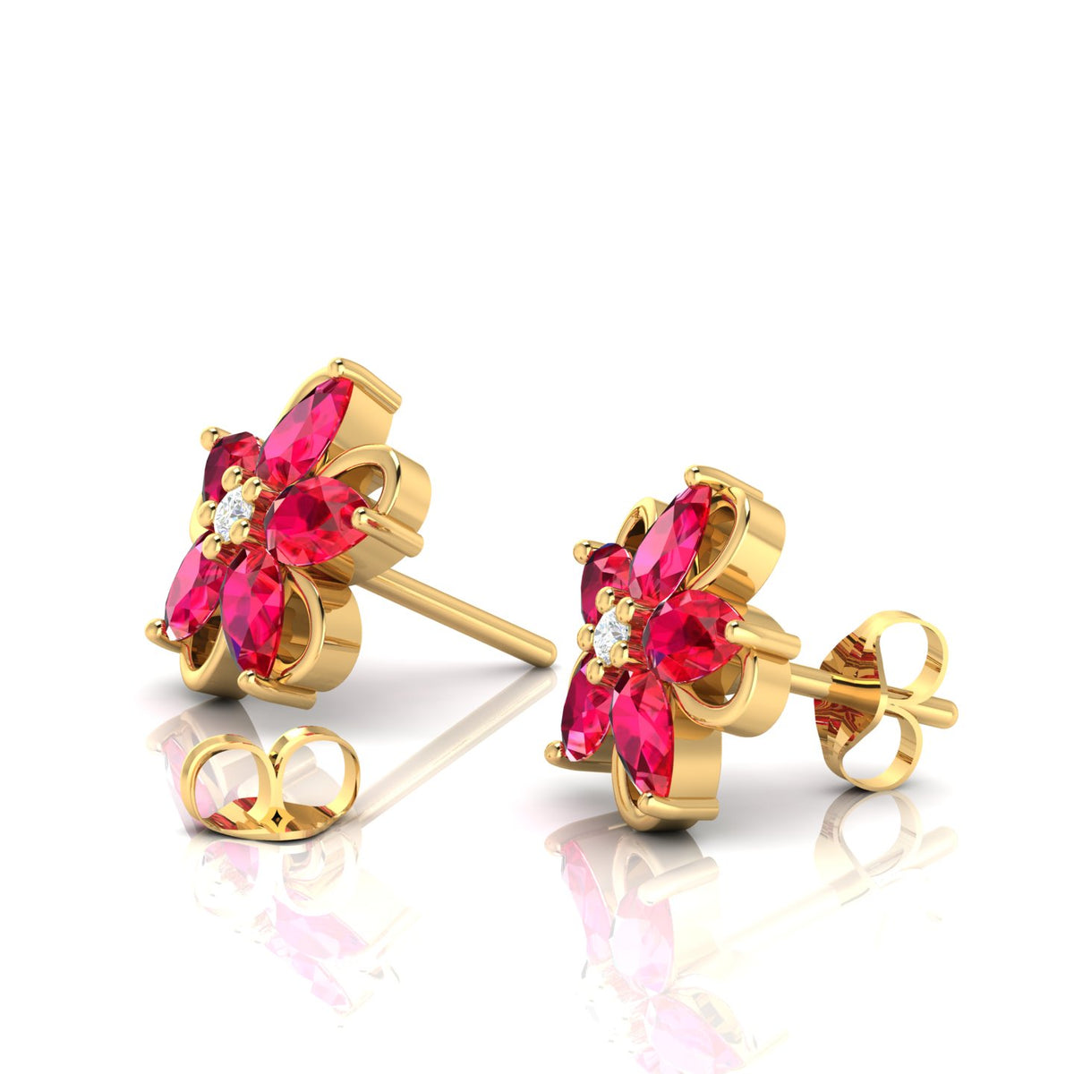 Pear-Cut Floral Gold Plated Ruby Studs Earrings
