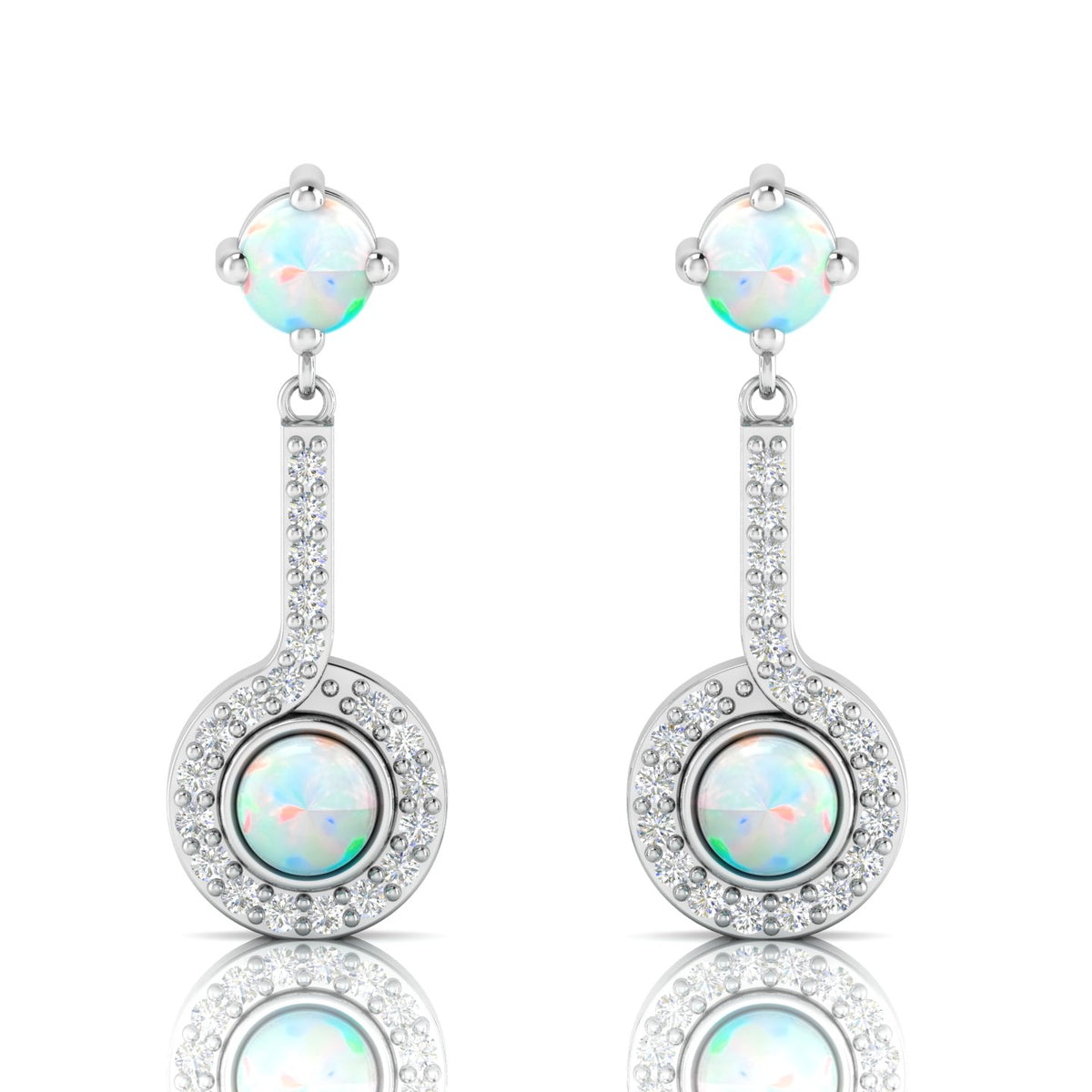Round Opal Halo Dangle & Drop Sterling Silver Earrings