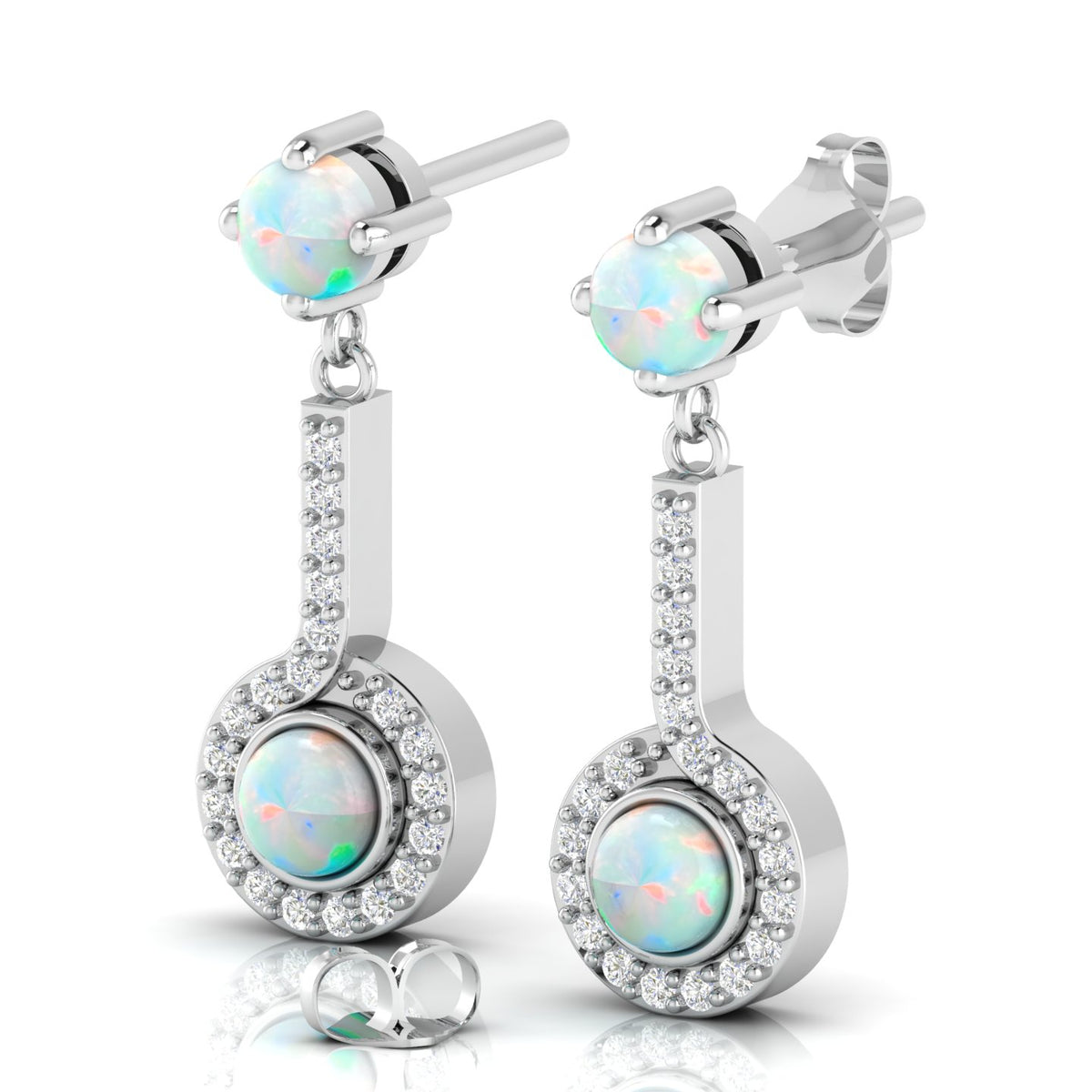 Round Opal Halo Dangle & Drop Sterling Silver Earrings