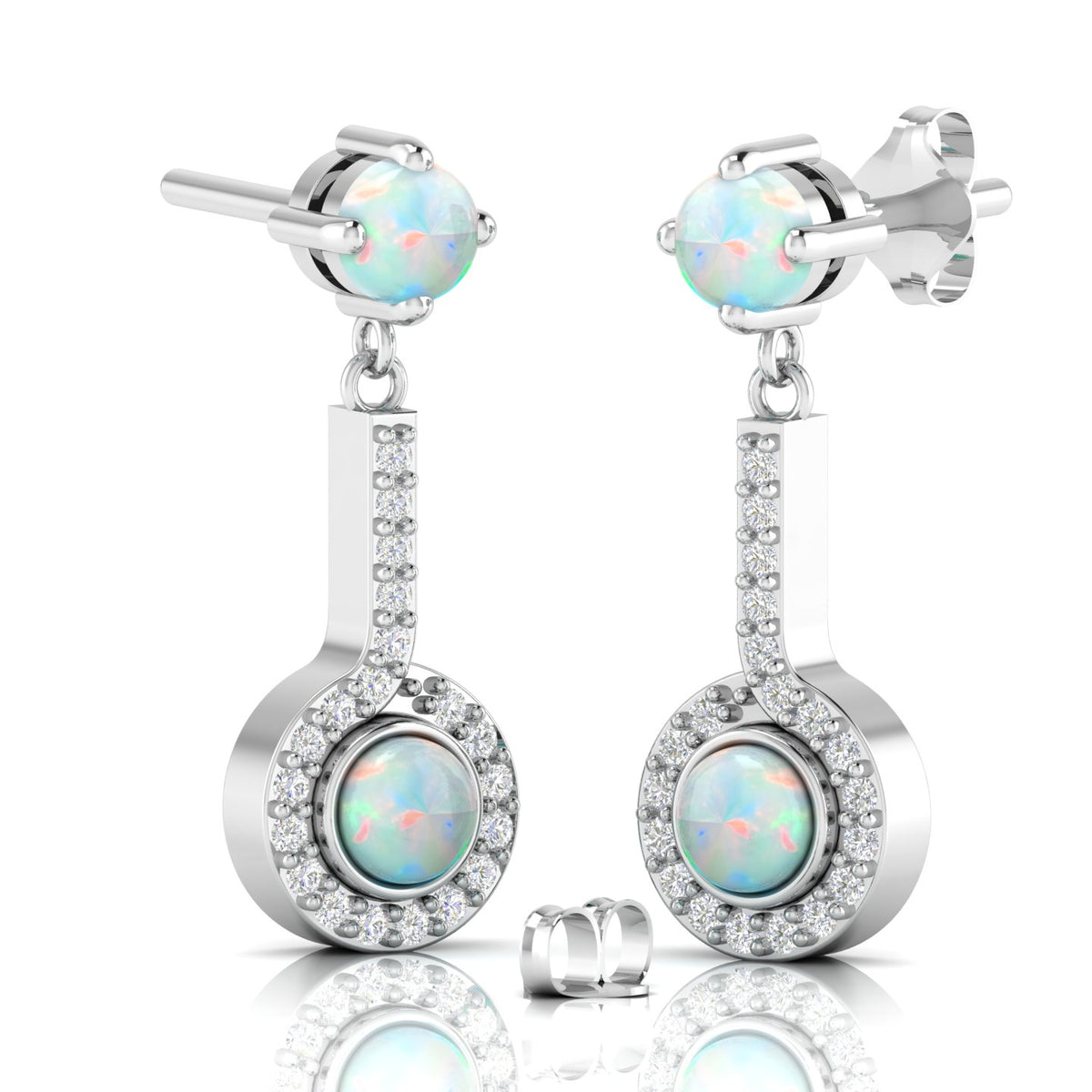 Round Opal Halo Dangle & Drop Sterling Silver Earrings