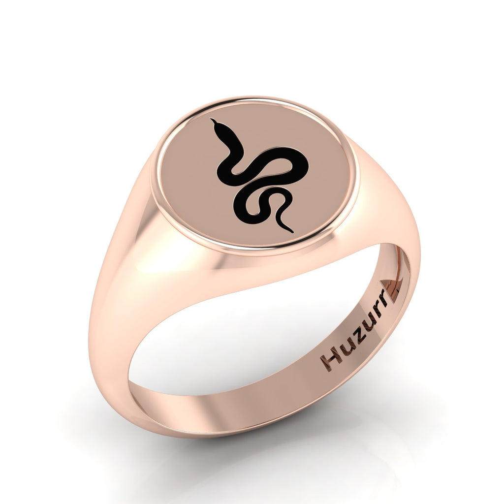 Black Enamel Spiral Snake Engraved Rose Gold Plated Classic Signet Ring