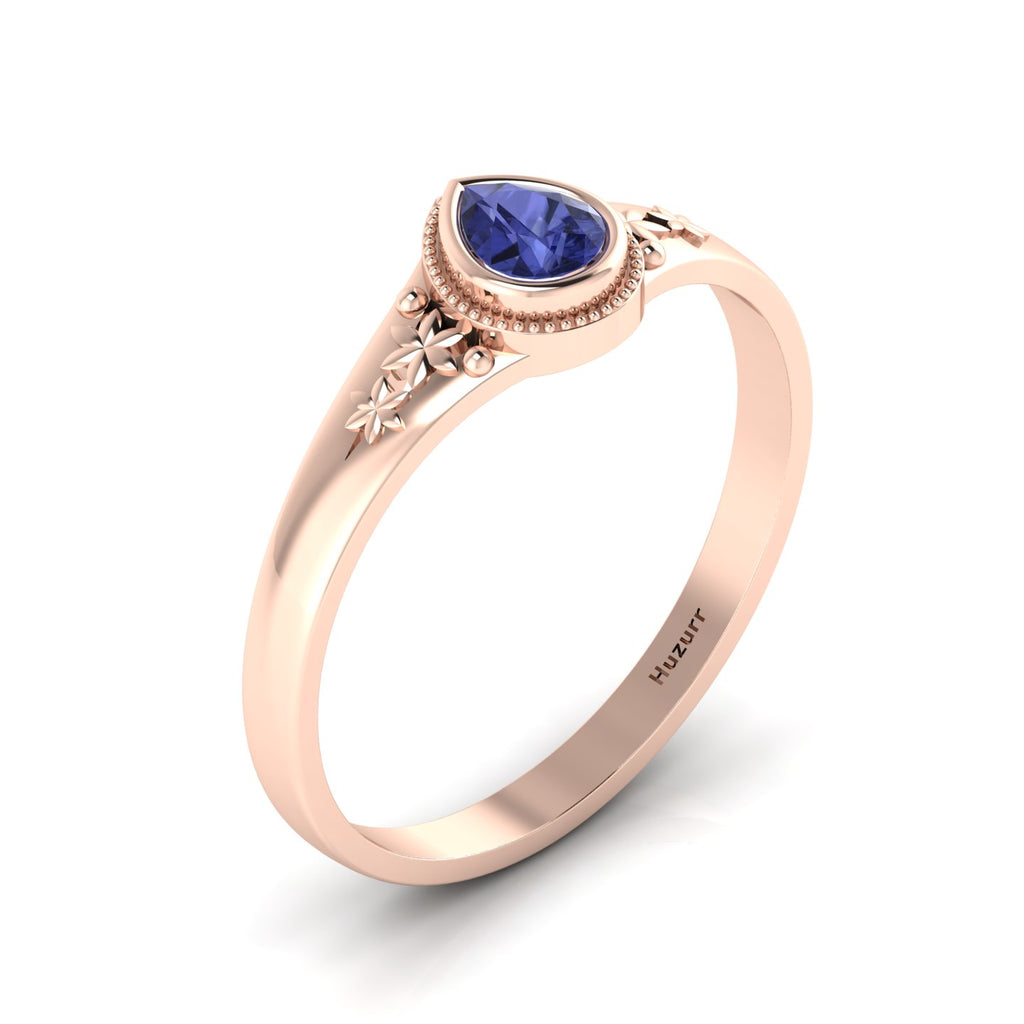 Tear Drop Style Tanzanite Flower Rose Gold Plated Solitaire Ring