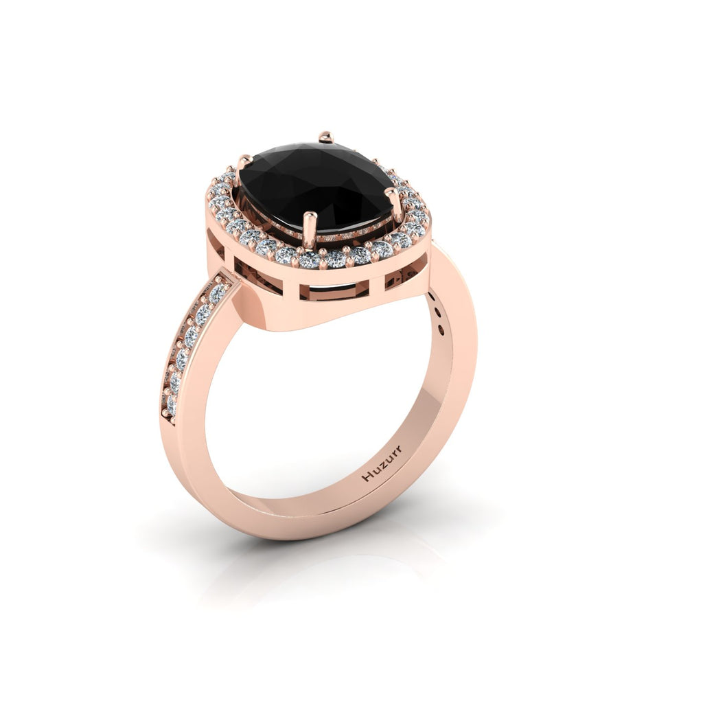 Cushion-Cut Black Diamond Eternity Halo Rose Gold Plated Ring