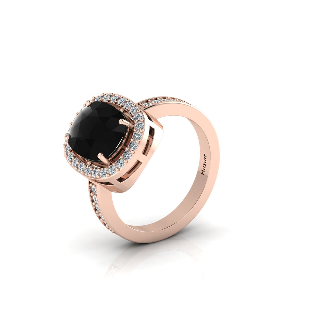 Cushion-Cut Black Diamond Eternity Halo Rose Gold Plated Ring