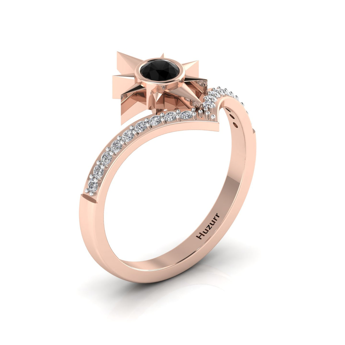 Black Diamond Two Tone Rose Gold Plated North Star Wishbone Ring