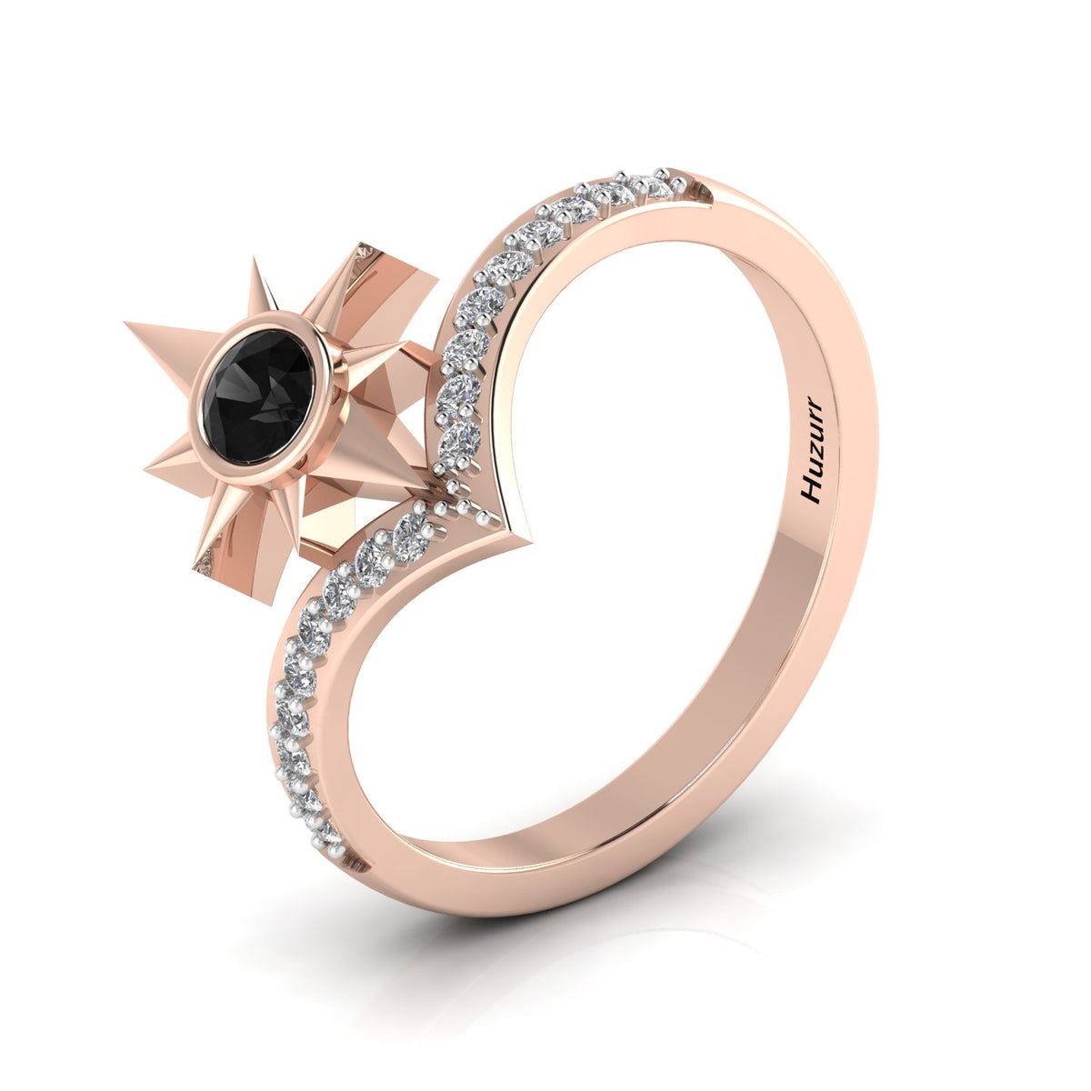 Black Diamond Two Tone Rose Gold Plated North Star Wishbone Ring