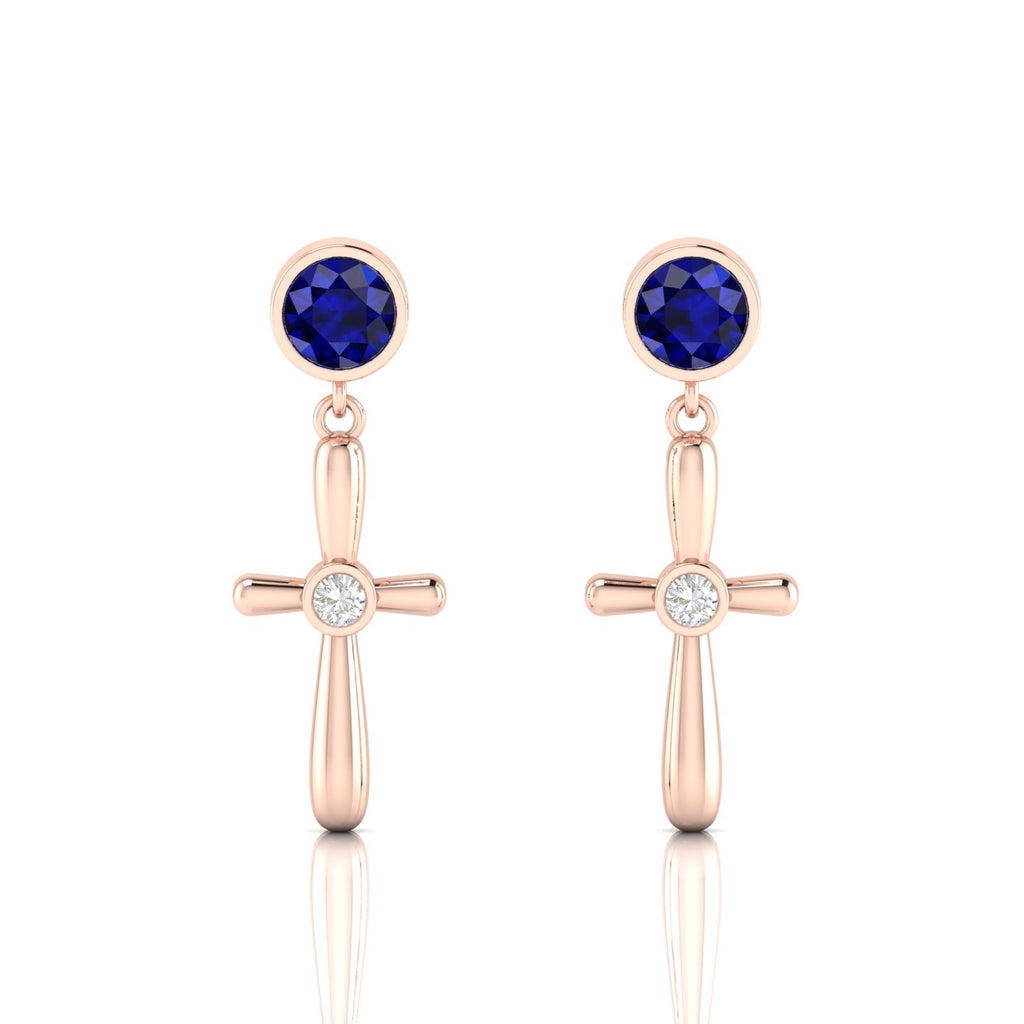 Cross Rose Gold Plated Drops & Danglers Blue Sapphire Earrings