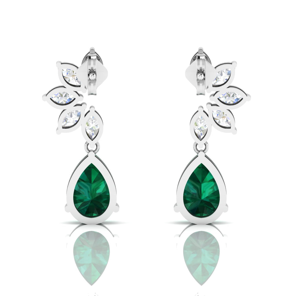 Emerald & Diamond Tear Drop Sterling Silver Earrings
