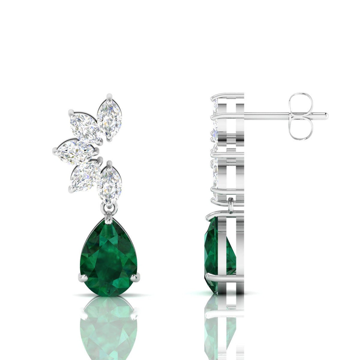 Emerald & Diamond Tear Drop Sterling Silver Earrings