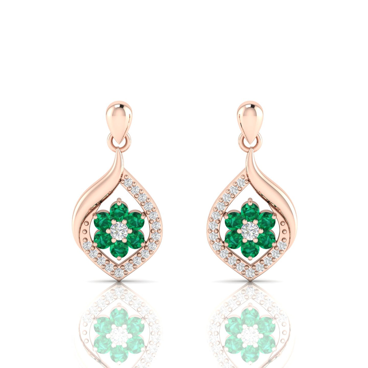 Classic Flower Drop Rose Gold Plated Emerald Earrings