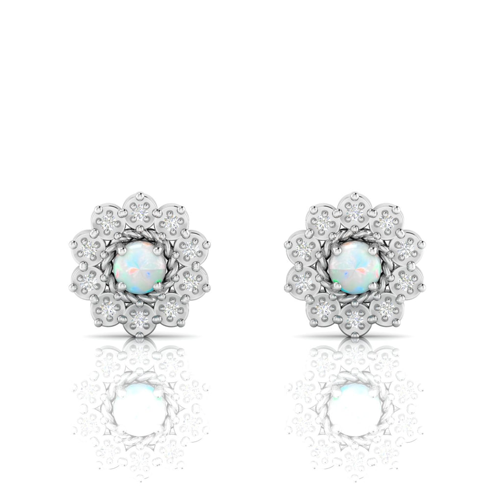 Sterling Silver Floral Studs Opal & Diamond Earrings