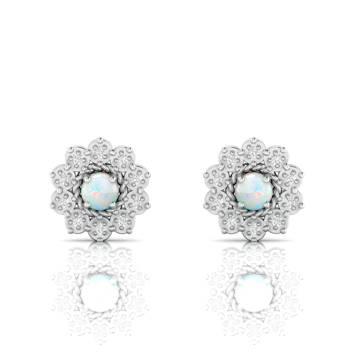 Sterling Silver Floral Studs Opal & Diamond Earrings