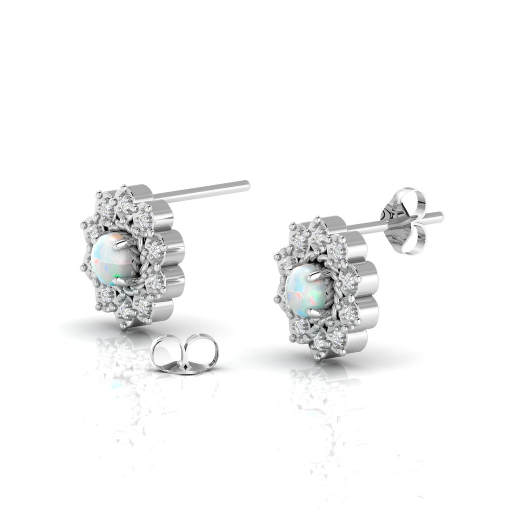 Sterling Silver Floral Studs Opal & Diamond Earrings