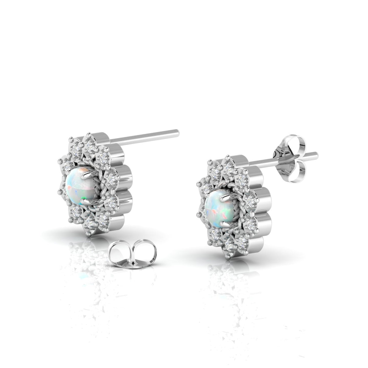 Sterling Silver Floral Studs Opal & Diamond Earrings