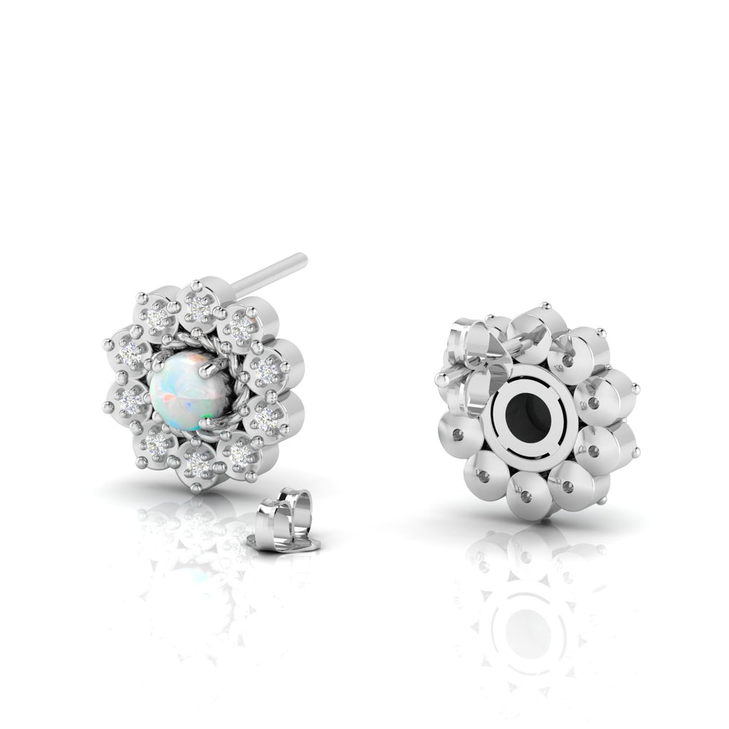 Sterling Silver Floral Studs Opal & Diamond Earrings