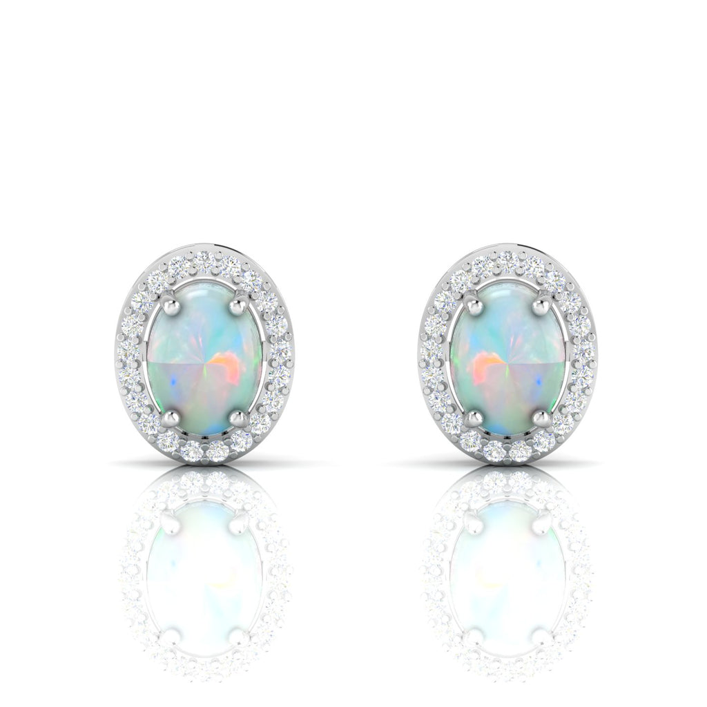 Oval Opal & Diamond Halo Stud Sterling Silver Earrings