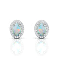 Oval Opal & Diamond Halo Stud Sterling Silver Earrings