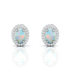 Oval Opal & Diamond Halo Stud Sterling Silver Earrings
