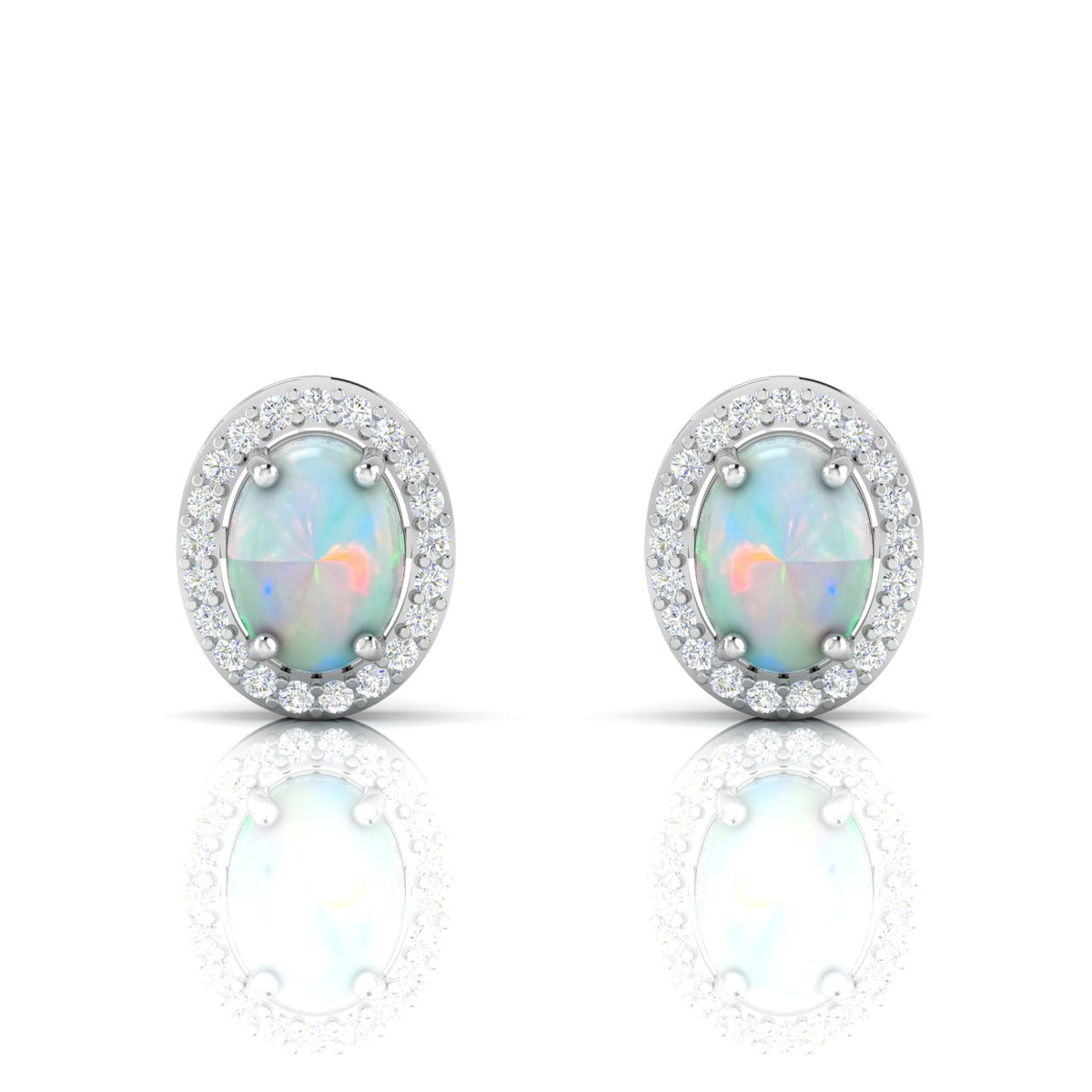 Oval Opal & Diamond Halo Stud Sterling Silver Earrings