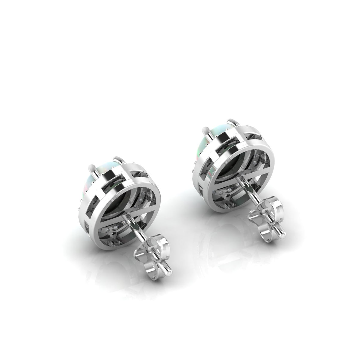 Oval Opal & Diamond Halo Stud Sterling Silver Earrings