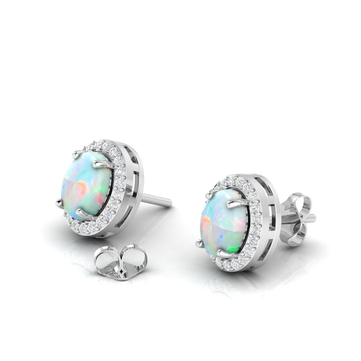 Oval Opal & Diamond Halo Stud Sterling Silver Earrings