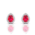 Pear-Cut Ruby & Diamond Halo Stud Sterling Silver Earrings