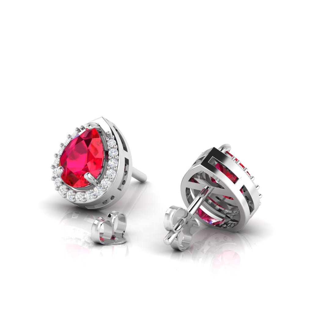 Pear-Cut Ruby & Diamond Halo Stud Sterling Silver Earrings