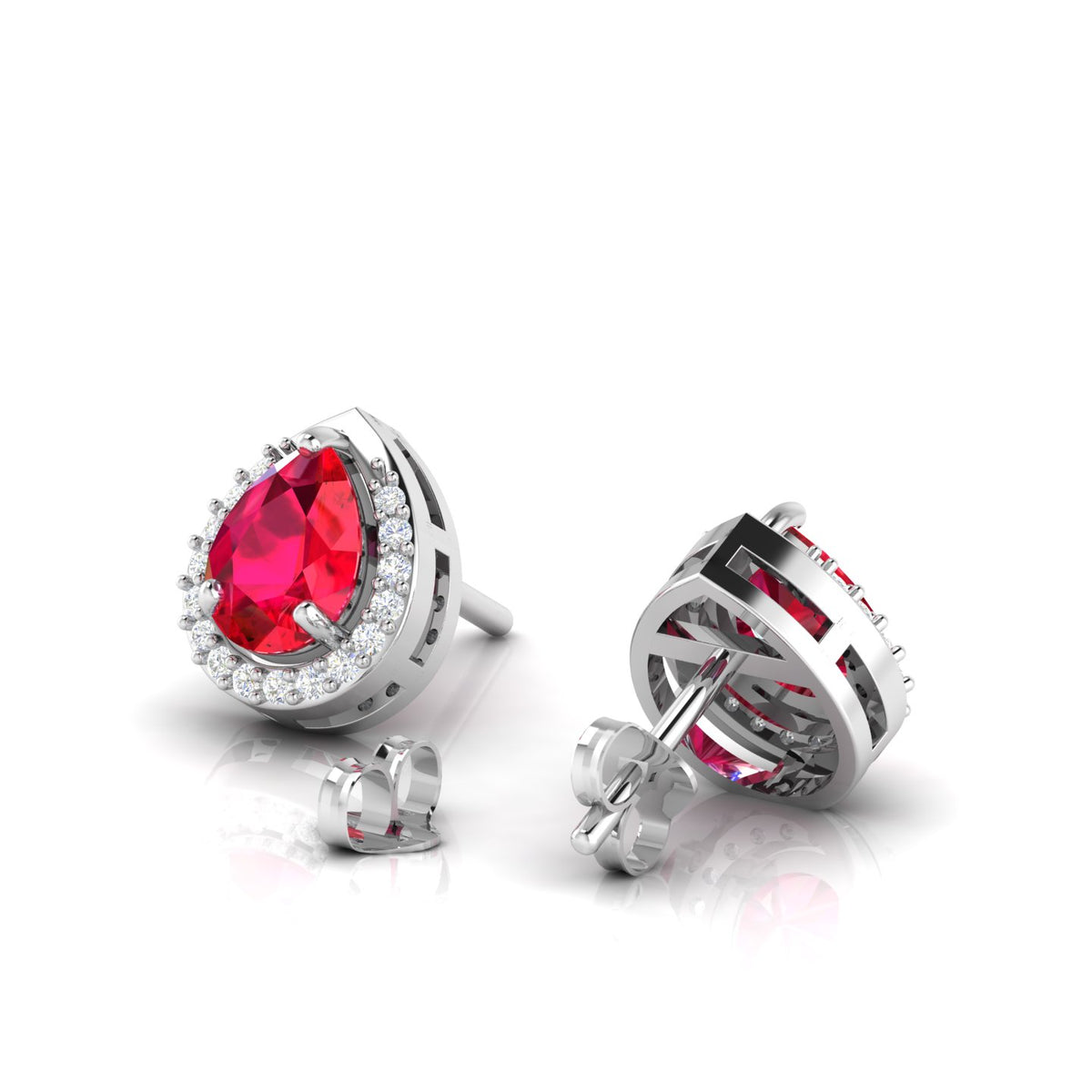 Pear-Cut Ruby & Diamond Halo Stud Sterling Silver Earrings