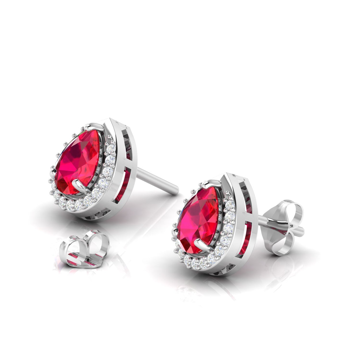 Pear-Cut Ruby & Diamond Halo Stud Sterling Silver Earrings
