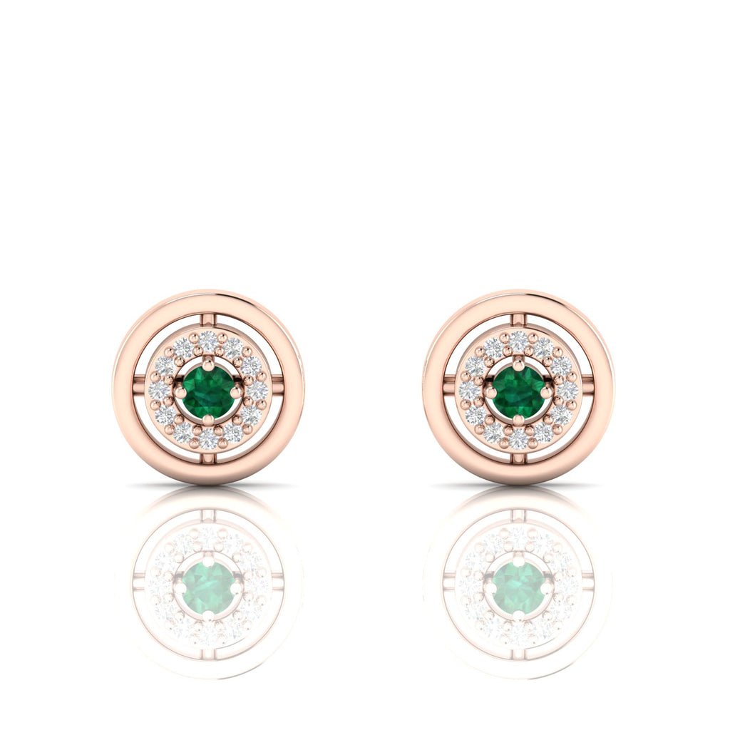 Rose Gold Plated Halo Stud Round Emerald Earrings