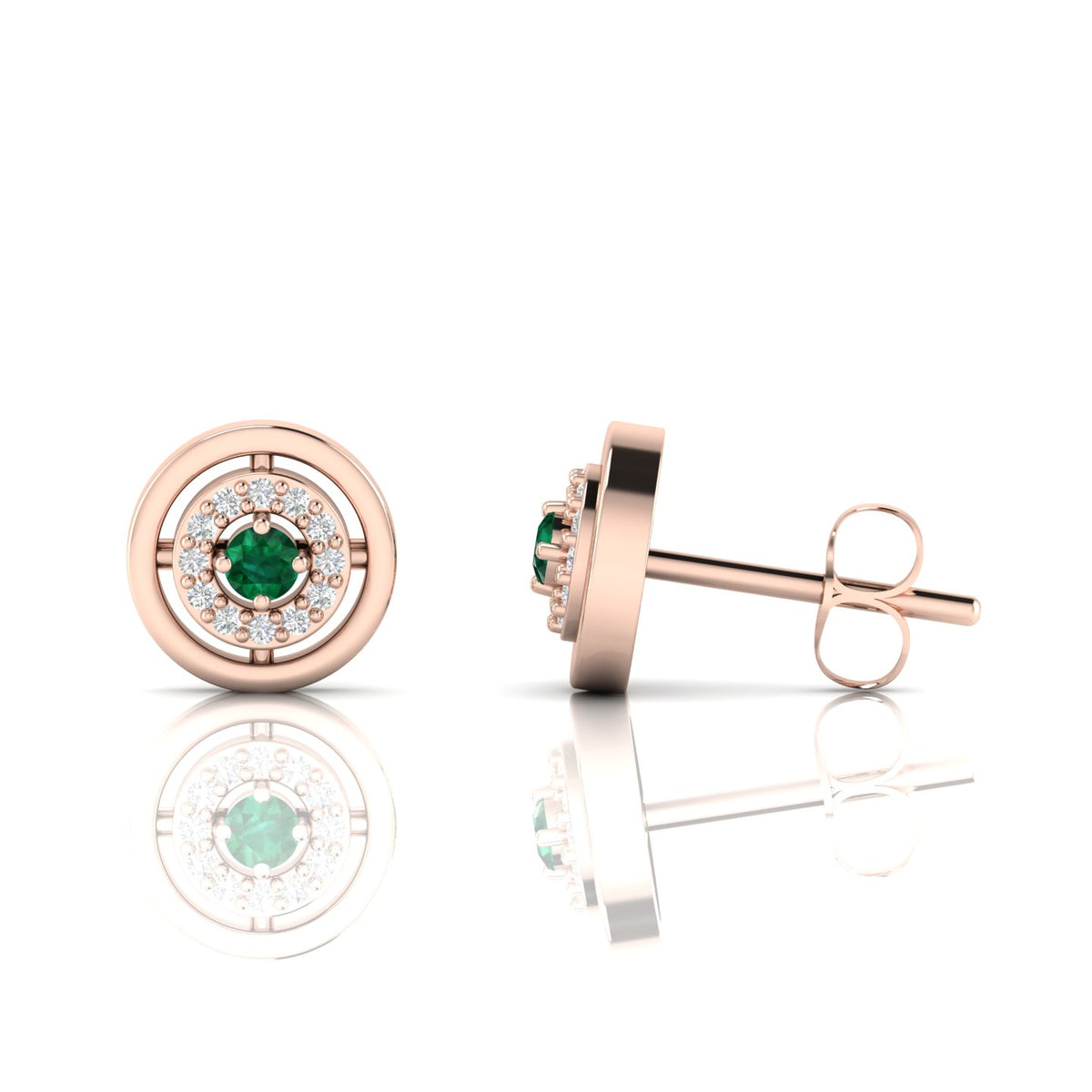Rose Gold Plated Halo Stud Round Emerald Earrings