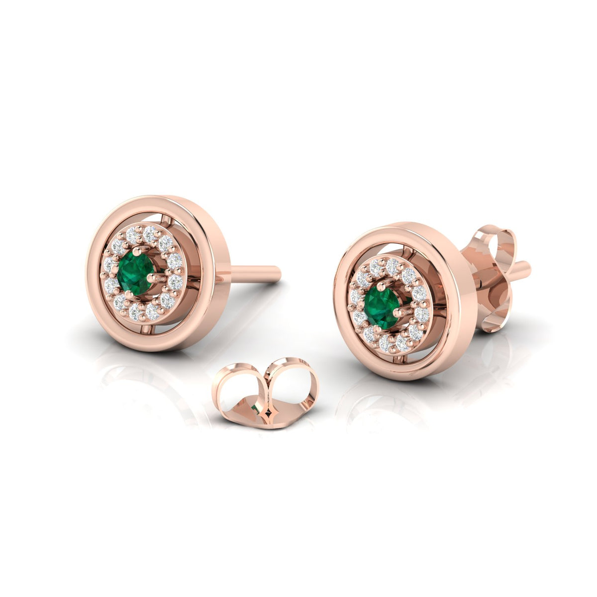 Rose Gold Plated Halo Stud Round Emerald Earrings