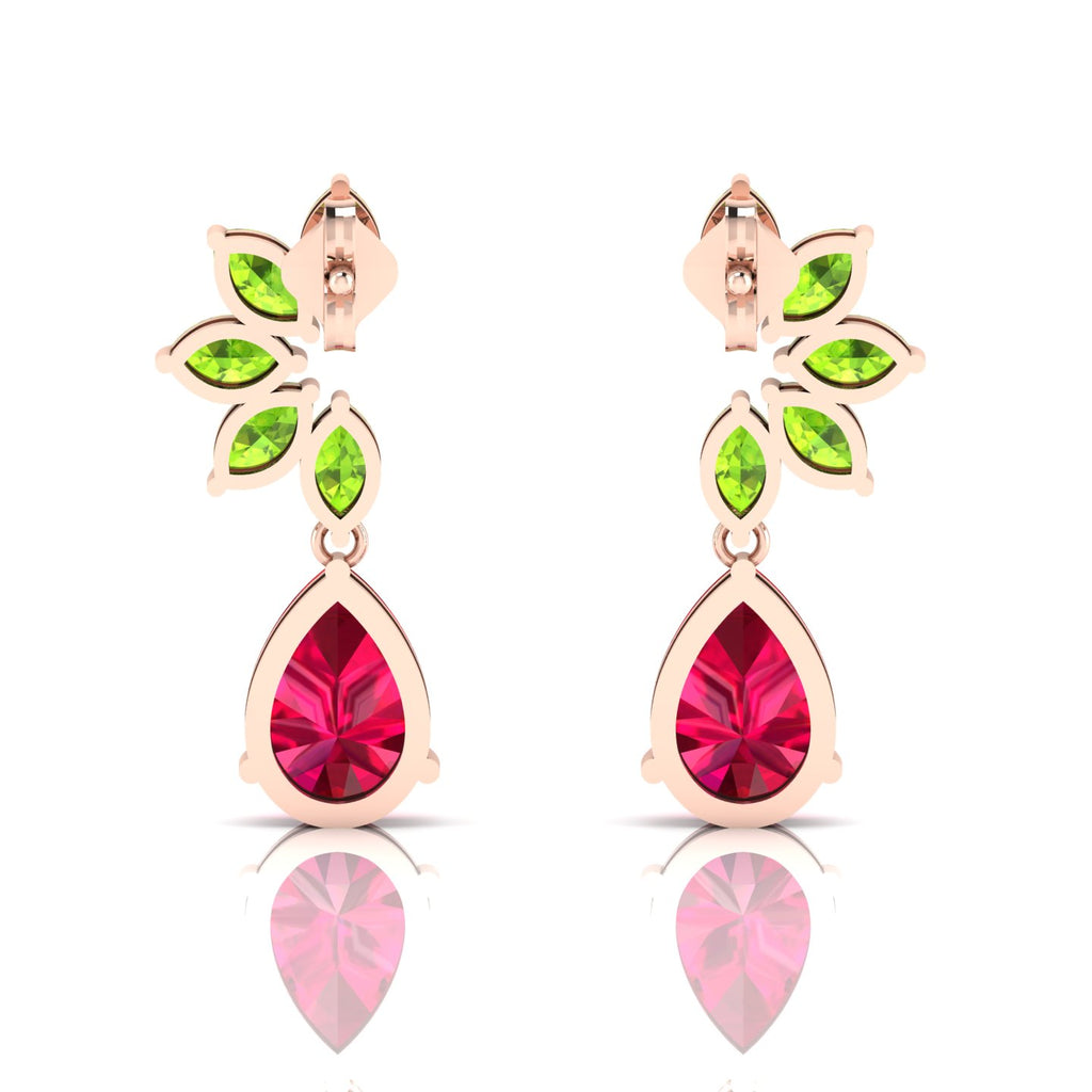 Ruby & Peridot Tear Drop Rose Gold Plated Earrings