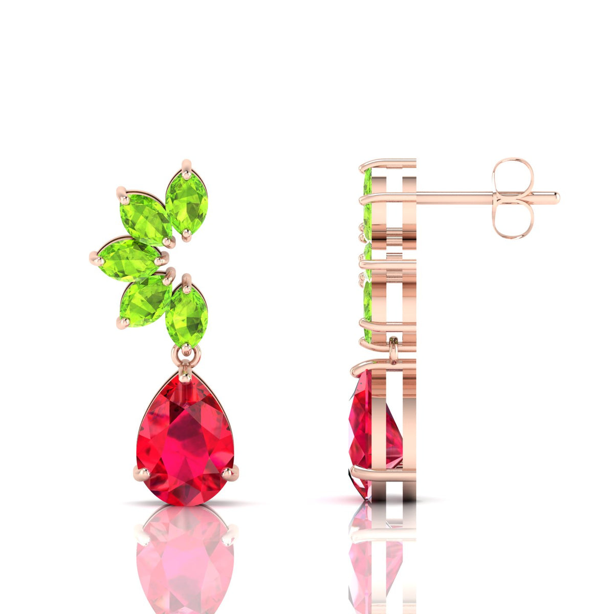 Ruby & Peridot Tear Drop Rose Gold Plated Earrings