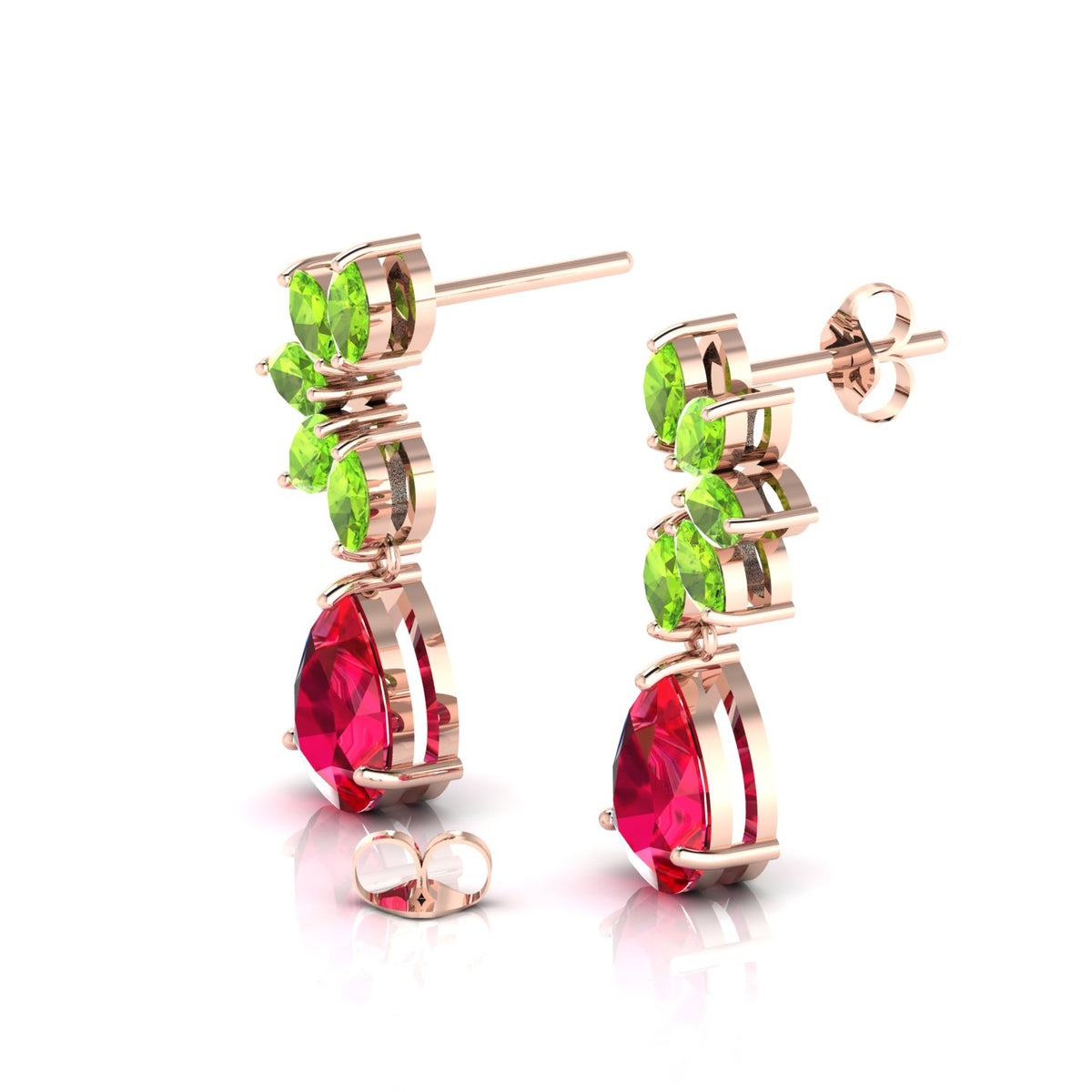 Ruby & Peridot Tear Drop Rose Gold Plated Earrings