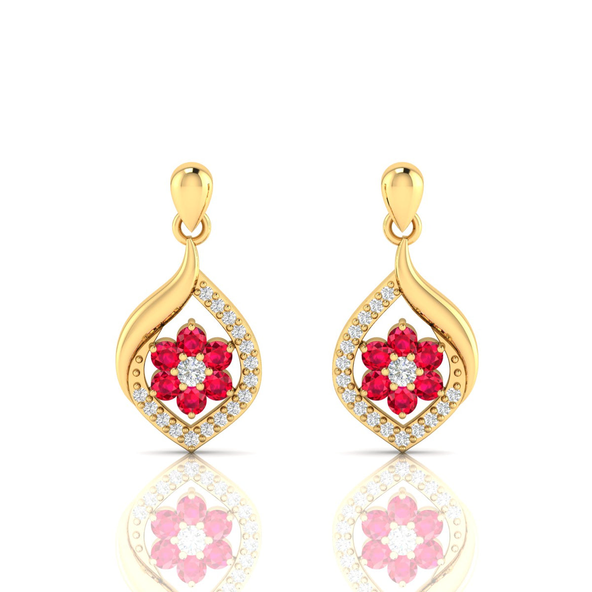 Gold Plated Ruby Classic Flower Drop Earrings