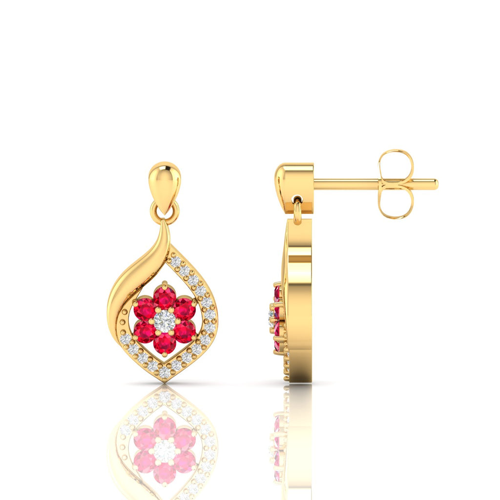 Gold Plated Ruby Classic Flower Drop Earrings