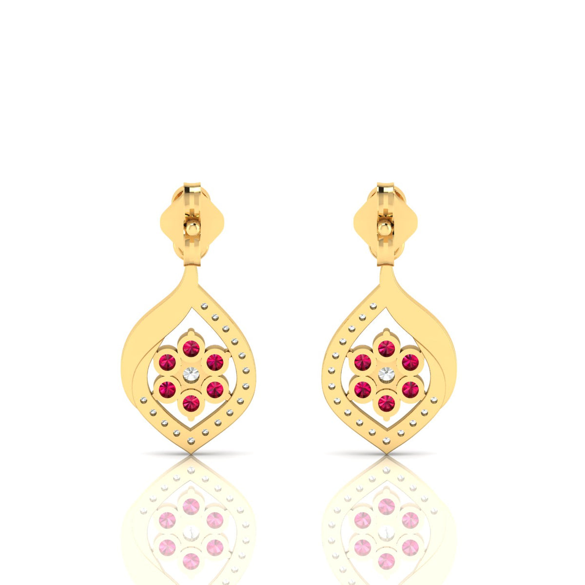 Gold Plated Ruby Classic Flower Drop Earrings