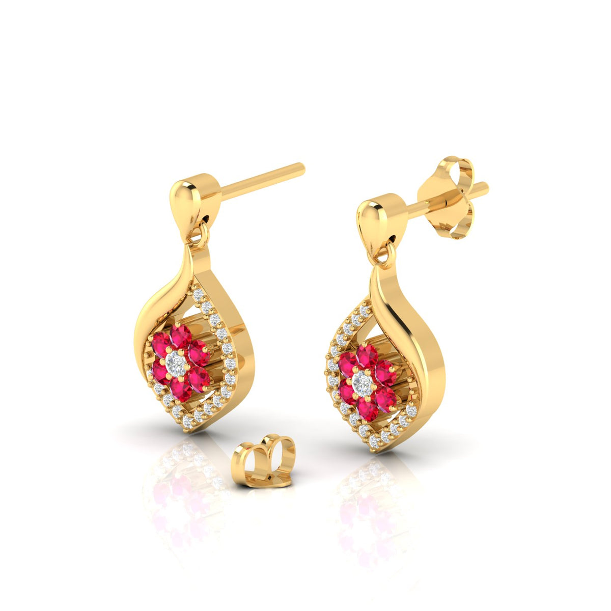 Gold Plated Ruby Classic Flower Drop Earrings