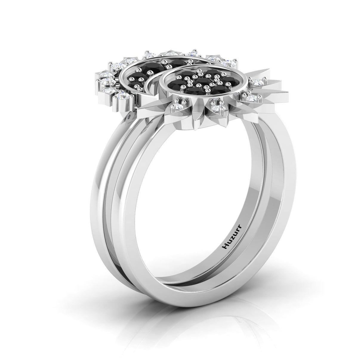 Black Diamond 925 Silver Sun & Moon Double Band Ring