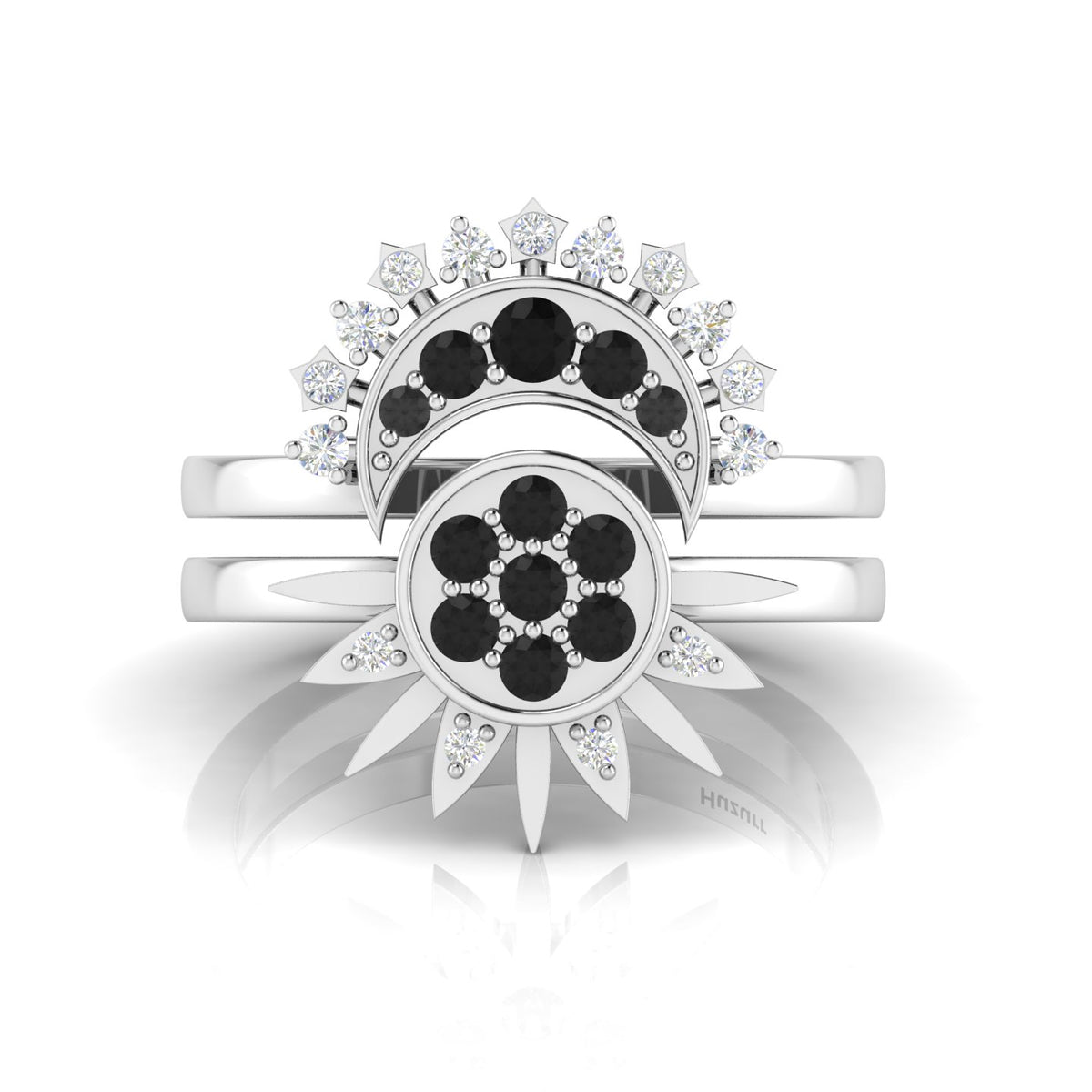 Black Diamond 925 Silver Sun & Moon Double Band Ring