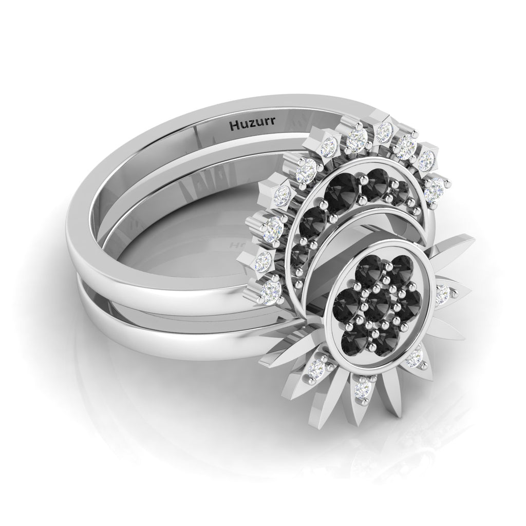 Black Diamond 925 Silver Sun & Moon Double Band Ring