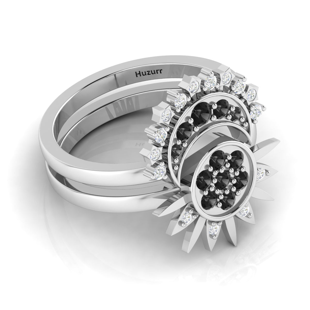 Black Diamond 925 Silver Sun & Moon Double Band Ring