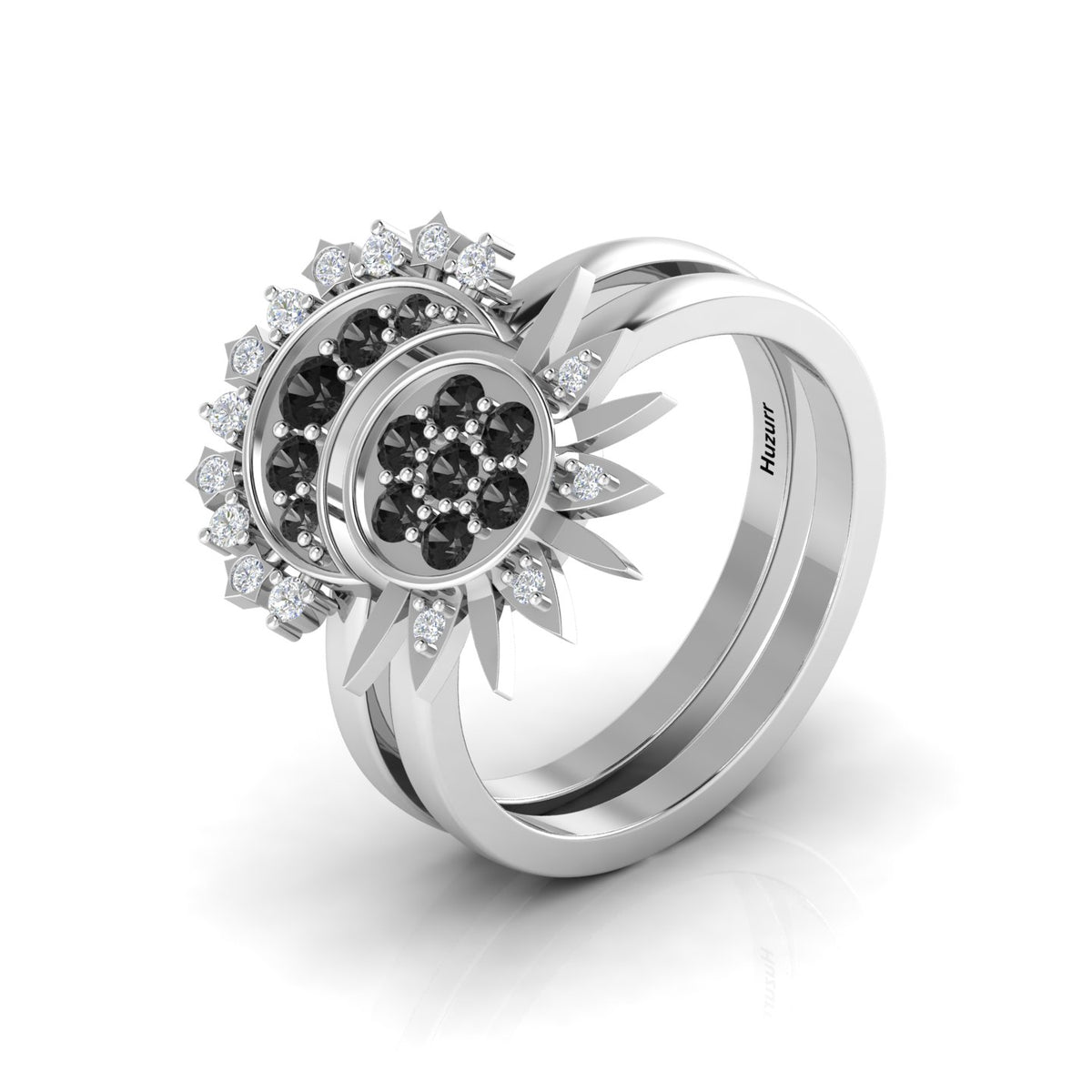 Black Diamond 925 Silver Sun & Moon Double Band Ring